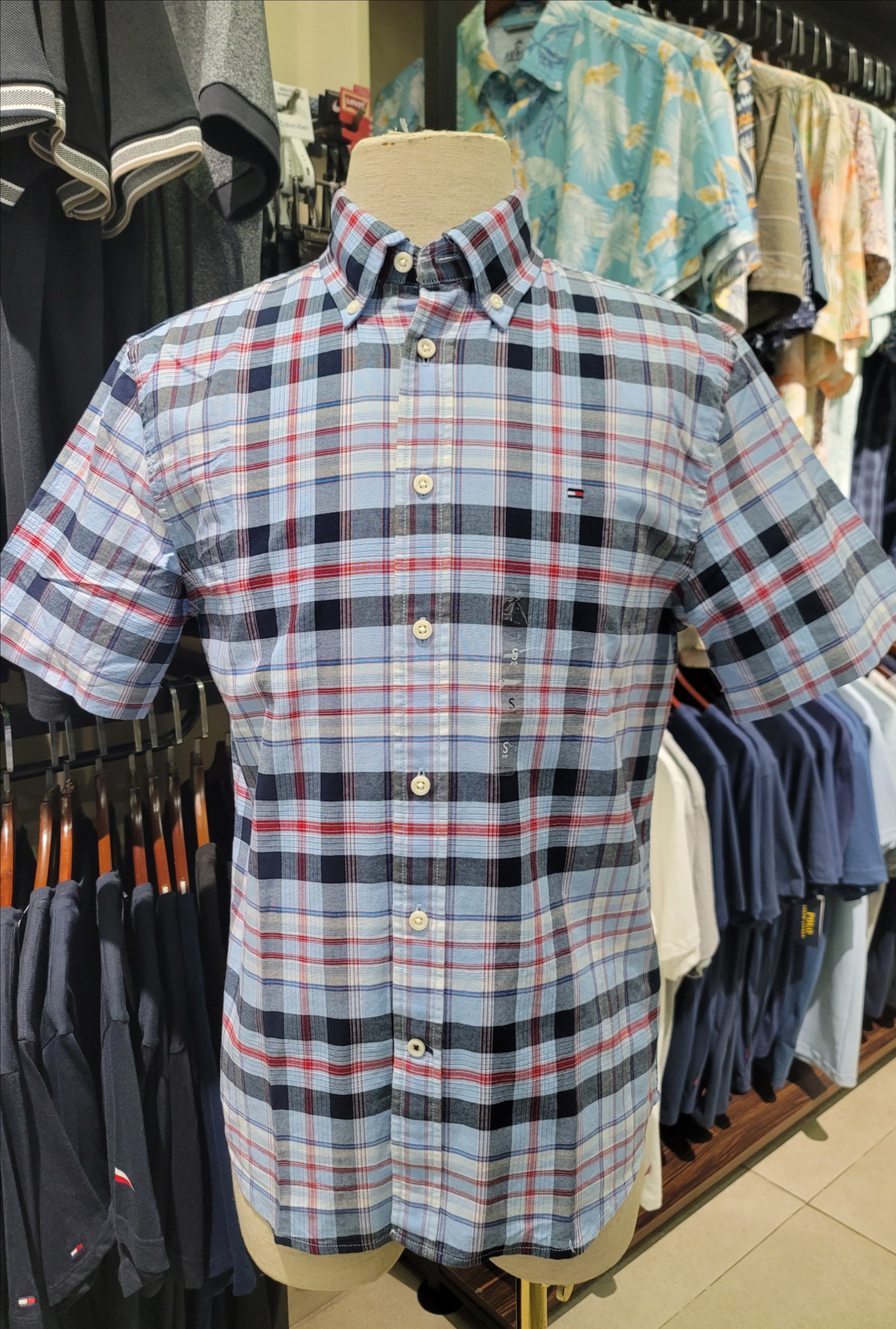 Sơ mi tommy caro xanh đỏ nhạt regular