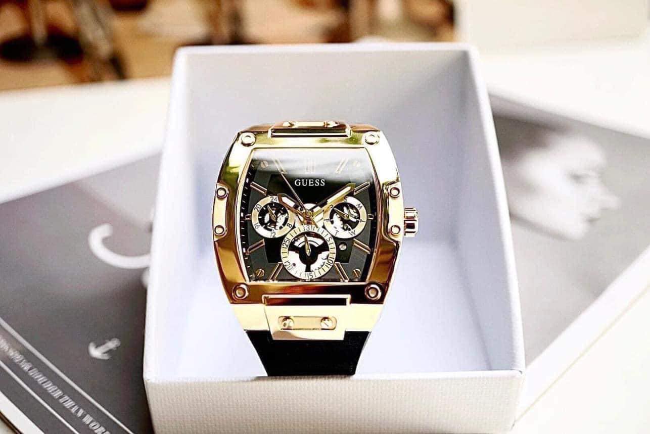 Đồng hồ nam G U E S S Gold Tone Case Black Genuine Leather Silicone Watch GW0202G1