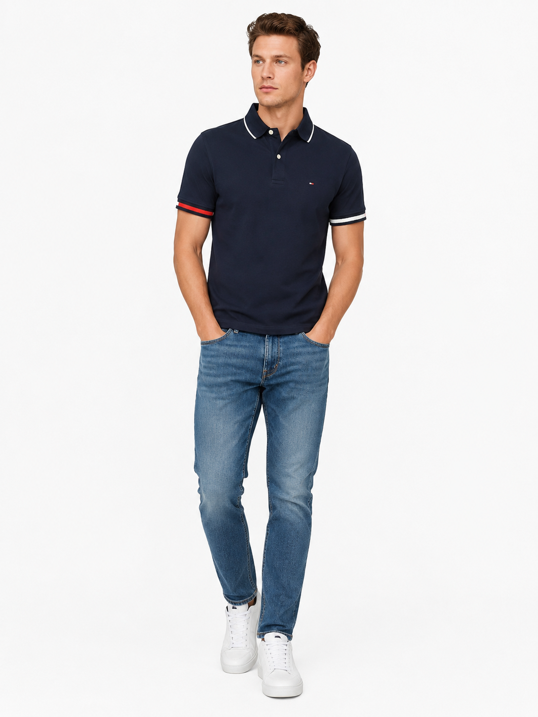 Polo Tommy Navy Regular - viền cổ trắng