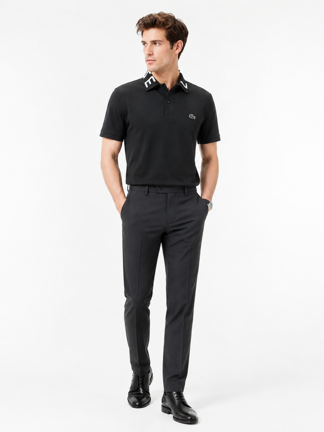 Polo Lacoste Slimfit đen cổ chữ