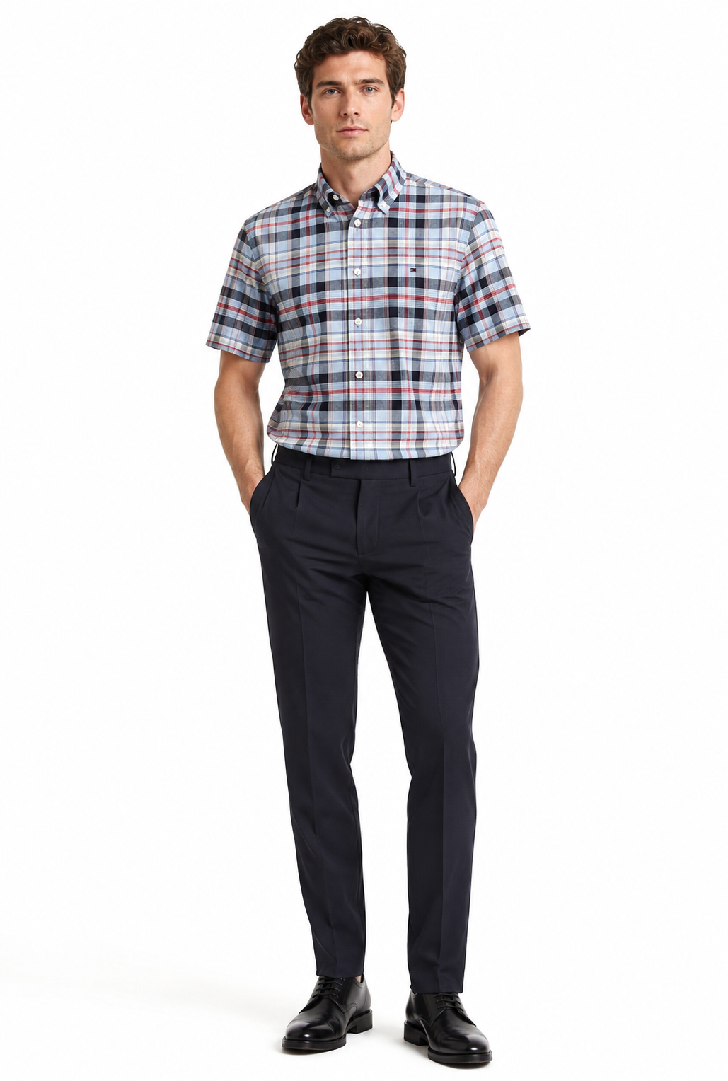 Sơ mi tommy caro xanh đỏ nhạt regular