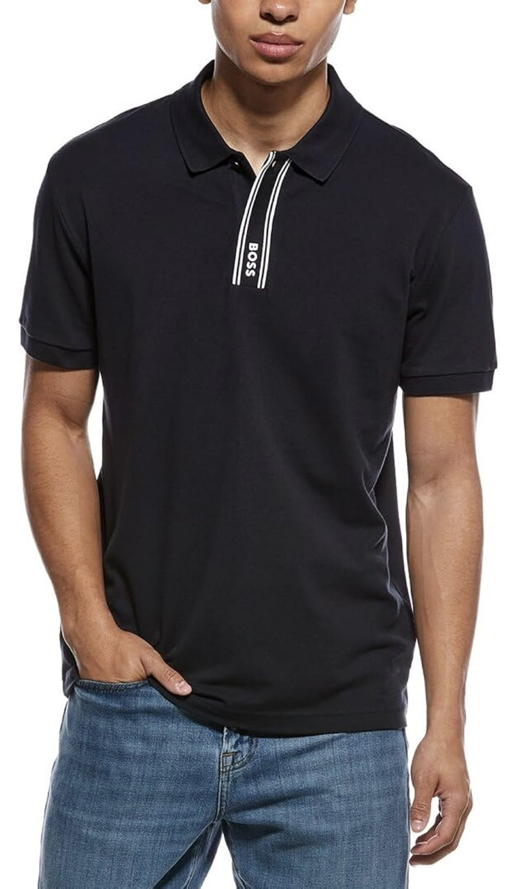 BOSS Men's Logo Collar Cotton Blend Polo Shirt - Navy zone