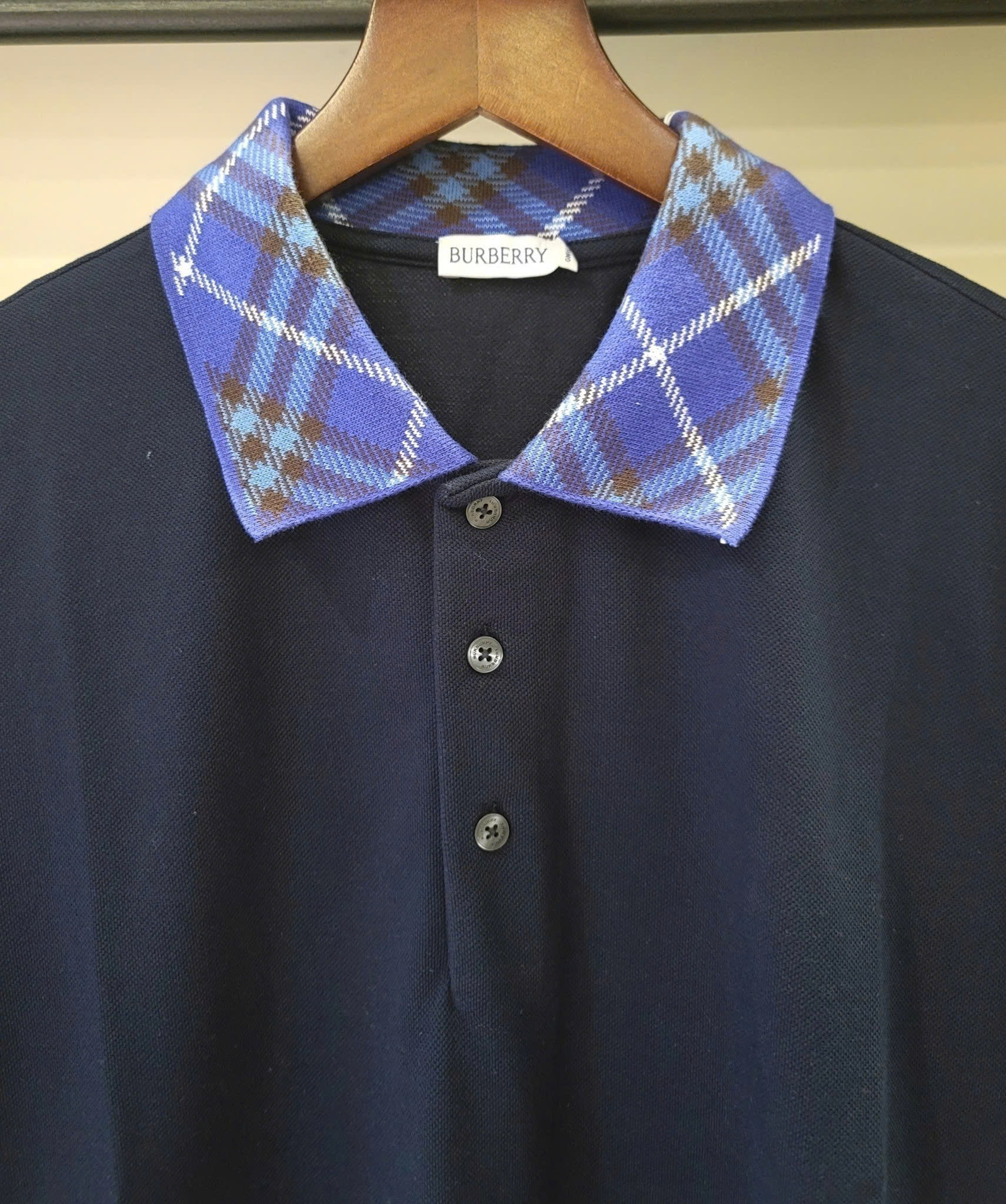 Polo-Shirt Burberry Check Collar Cotton - Navy