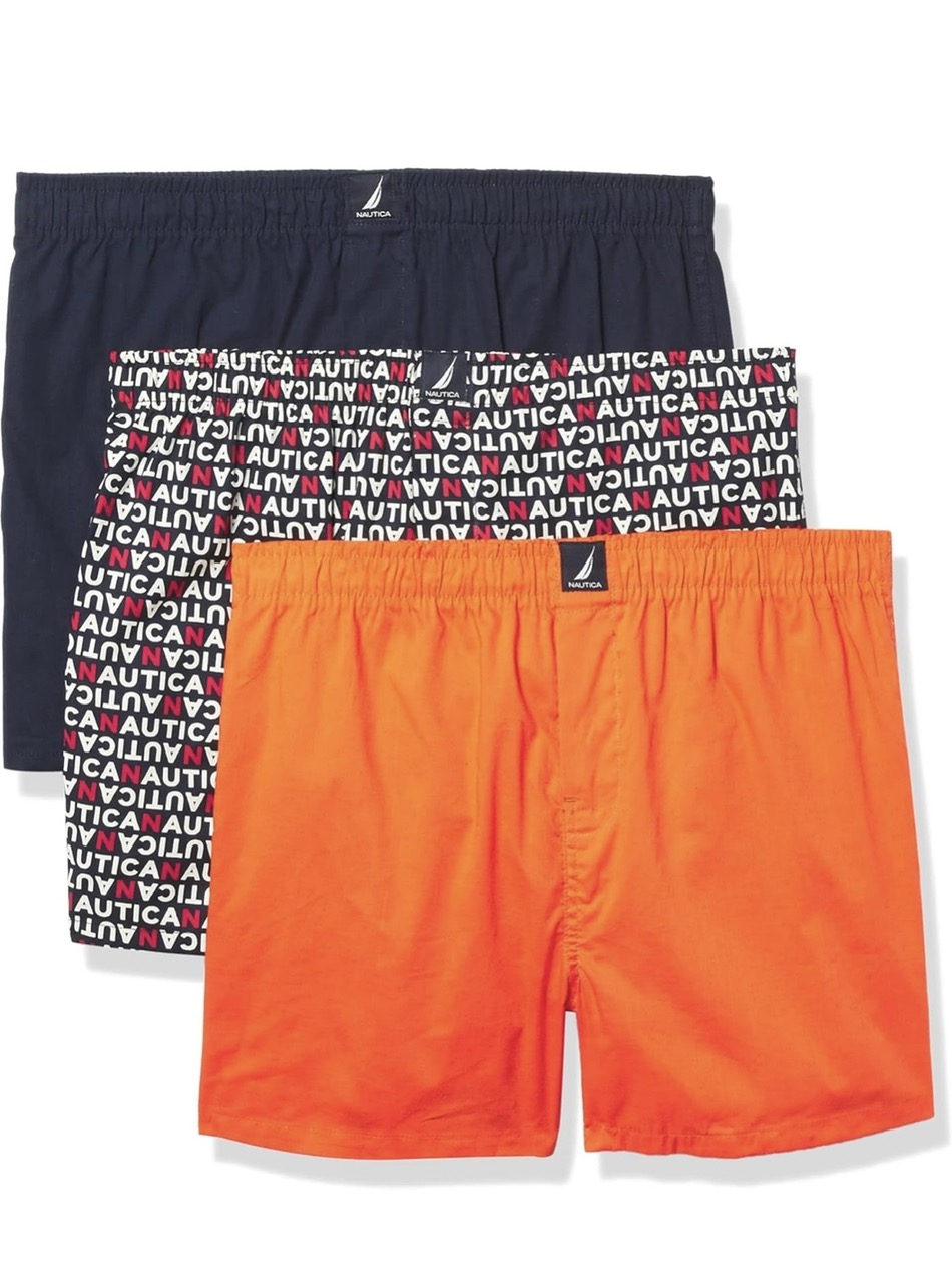 Quần Boxer Nautica Men's Cotton Woven 3 Pack - Peacoat/Tropic Orange/Nautica Logo Print