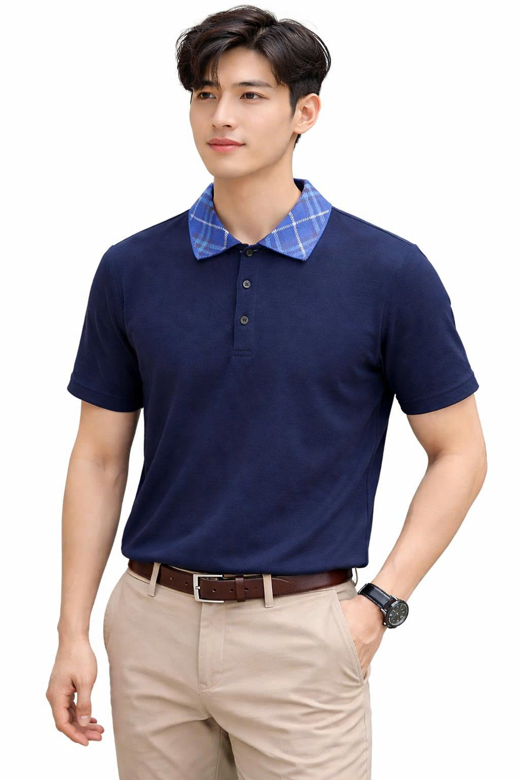 Polo-Shirt Burberry Check Collar Cotton - Navy