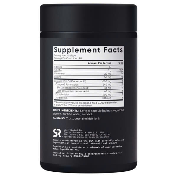 Viên Uống Dầu Nhuyễn Thể Sports Research Krill Oil 1000 mg, dễ hấp thu, hỗ trợ tim mạch, não bộ – Hộp 90 Viên