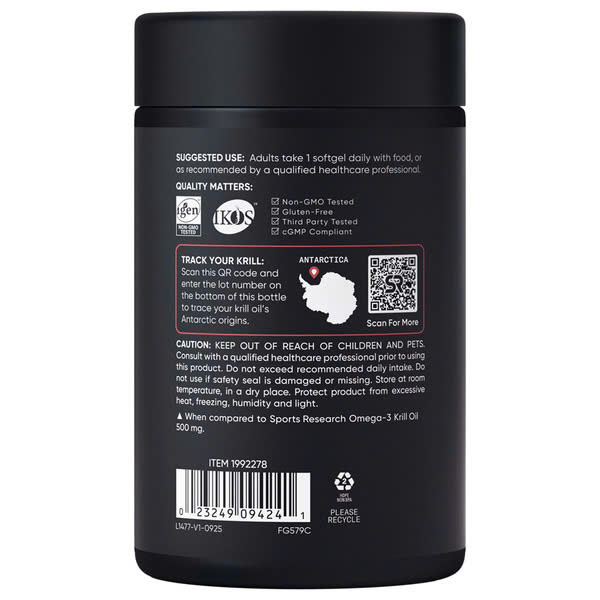 Viên Uống Dầu Nhuyễn Thể Sports Research Krill Oil 1000 mg, dễ hấp thu, hỗ trợ tim mạch, não bộ – Hộp 90 Viên