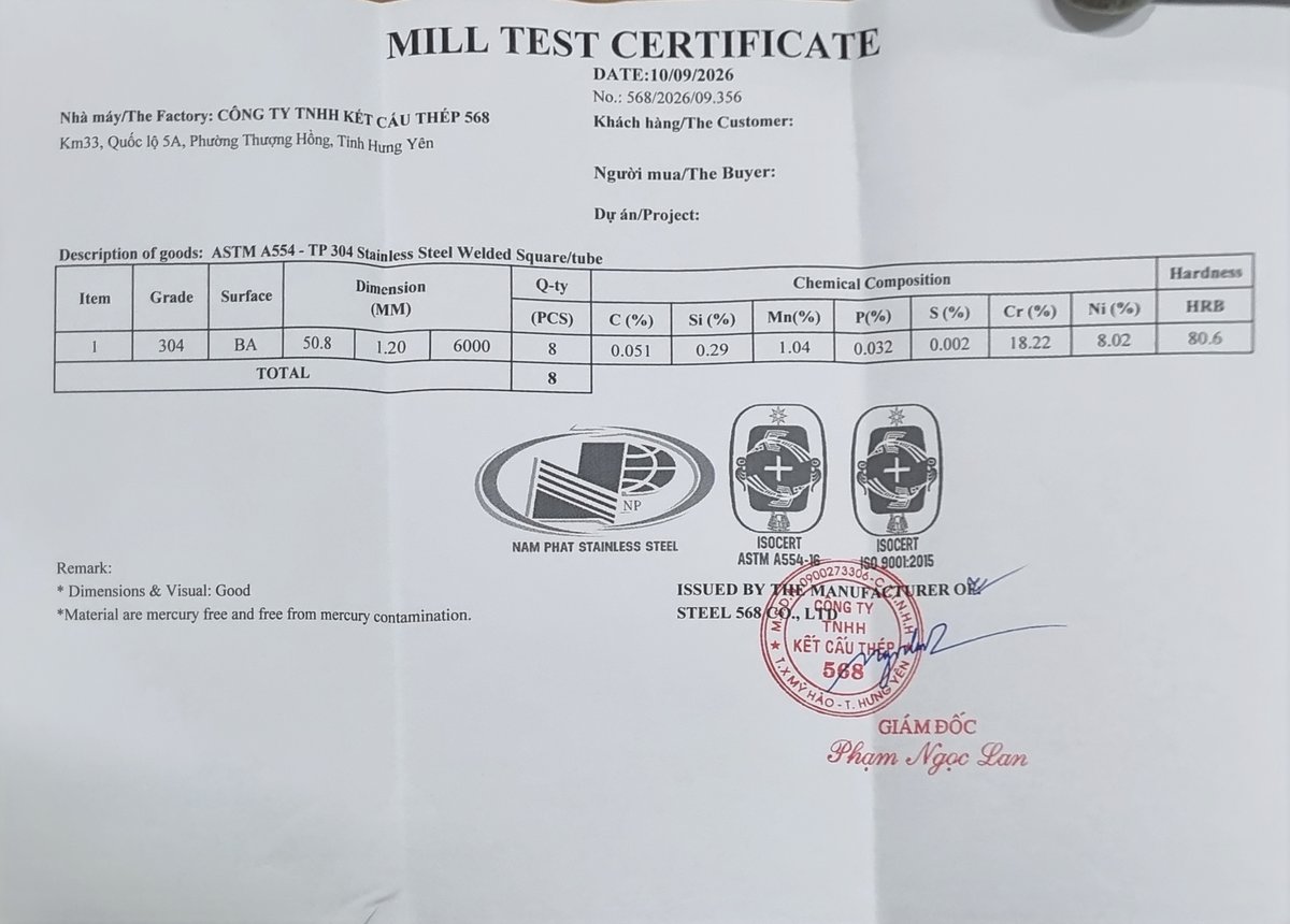Đọc Chứng Chỉ CO/CQ Và Tiêu Chuẩn ASTM Trên Ống Hộp Inox - mill test certificate 568 ong 508