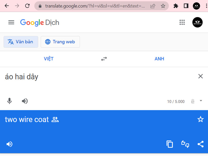 Hình ảnh dịch áo hai dây sang tiếng anh của ứng dụng Google Translate