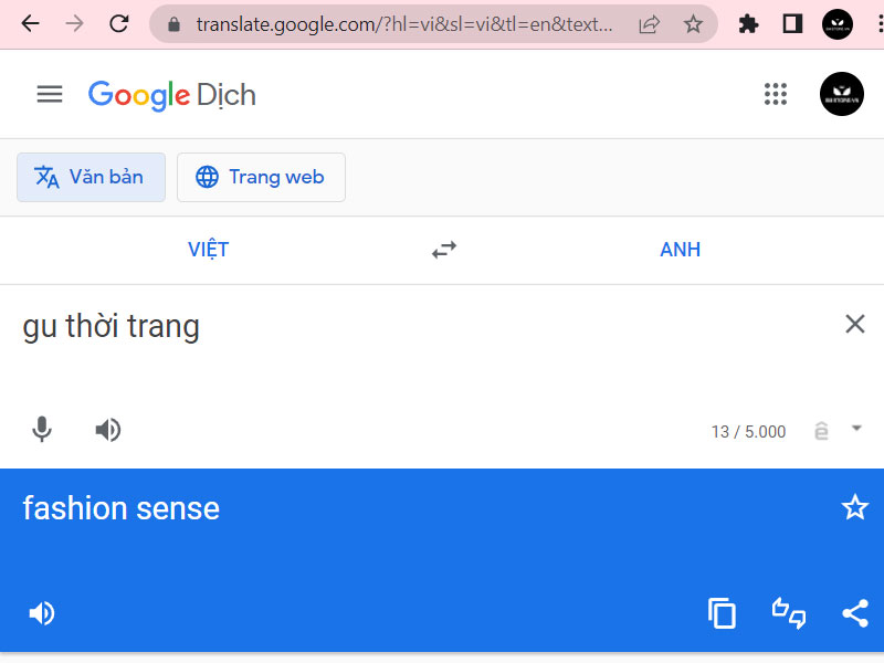 Hình ảnh dịch gu thời trang sang tiếng anh của ứng dụng Google Translate