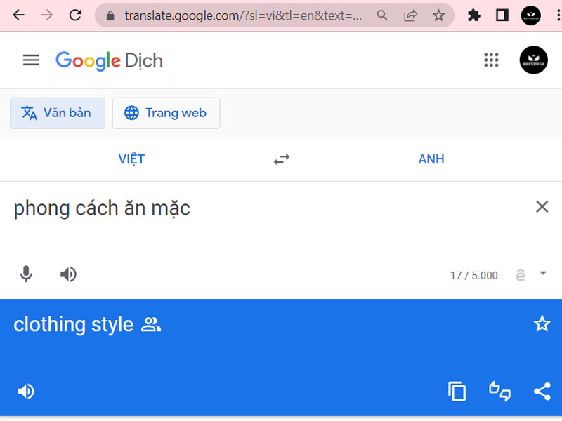 Hình ảnh dịch phong cách ăn mặc sang tiếng anh của ứng dụng Google Translate