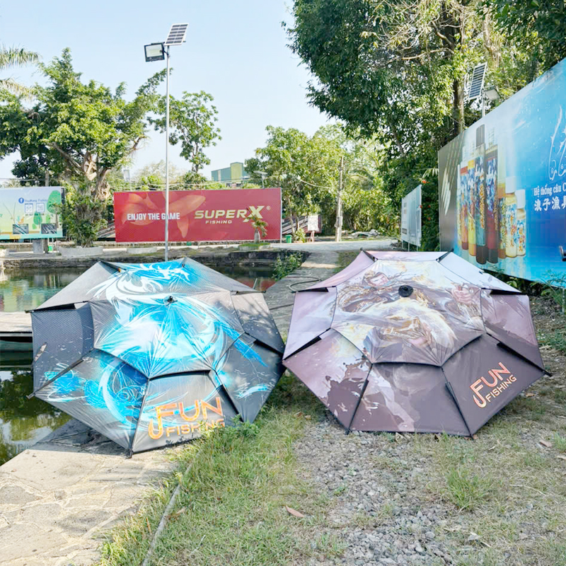 Dù Fun Fishing, Thanh Long Và Lưu Bị,  dù câu cá 2 tầng 2m4 Khung Hợp Kim Cao Cấp, Có Chân Neo Gió