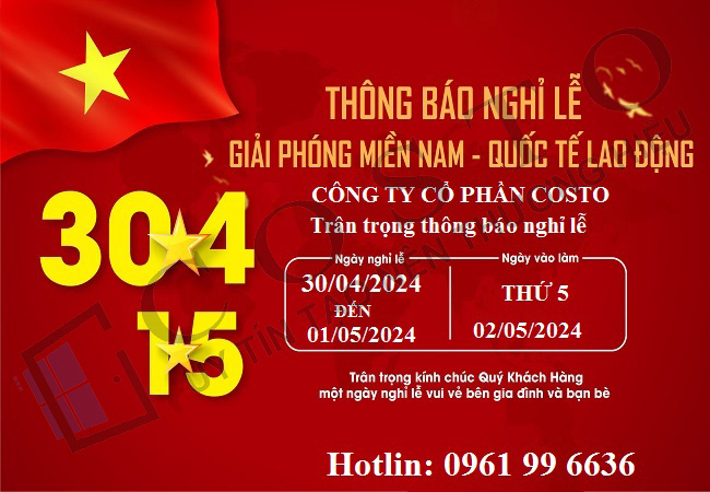 Thông Báo Nghỉ Lễ từ CTy CP Costo - Chuyên Sản Xuất Cửa Nhôm Xingfa