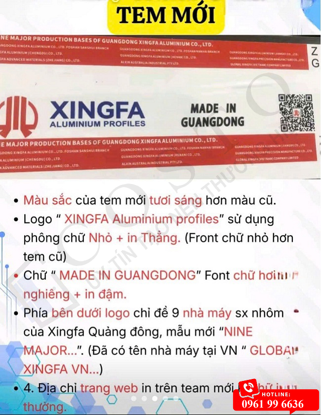tem nhôm Xingfa Quảng Đông mới 
