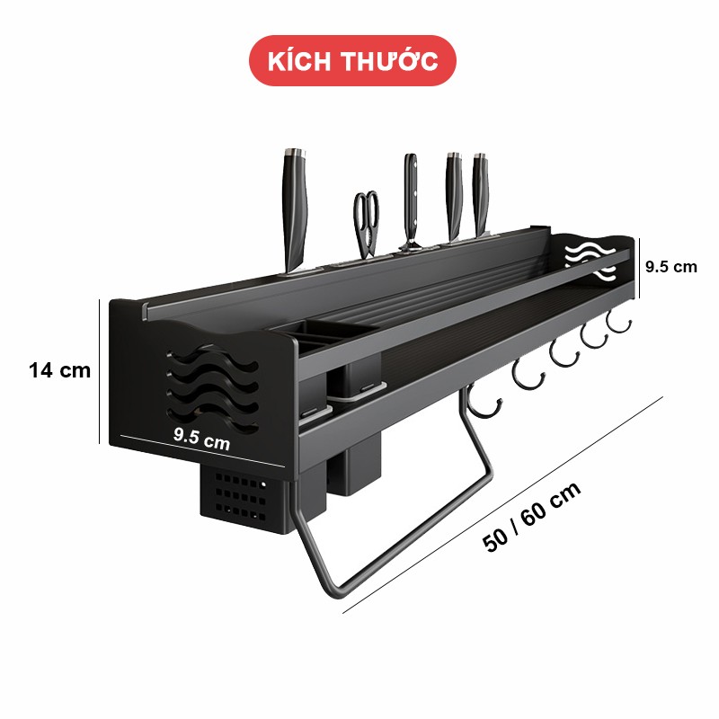 Kệ gia vị treo tường đa năng nhôm anod SQ-6186 kèm ống đũa máng dao móc treo