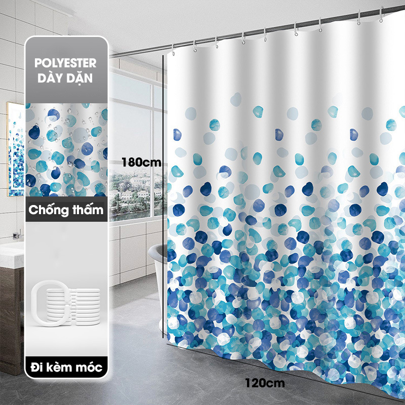 Rèm nhà tắm Poliester hoạt tiết Cánh Hoa Xanh, chất liệu cao cấp không thấm nước, rèm lắp cho gia đình, khách sạn