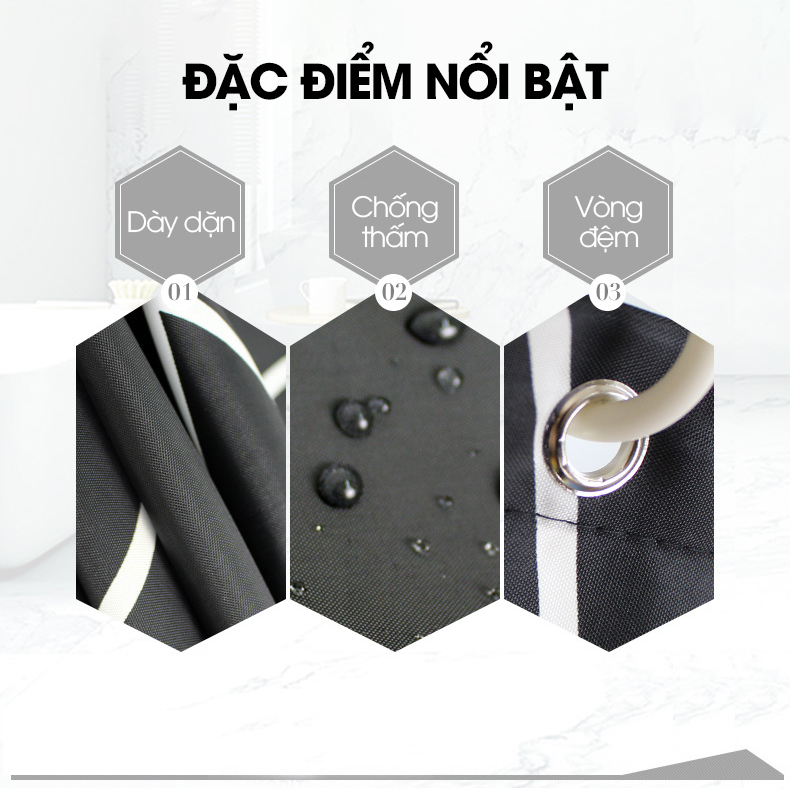 Rèm treo nhà tắm, màn che phòng tắm vải Poliester không thấm cao cấp họa tiết Vòng Tròn Trắng Đen