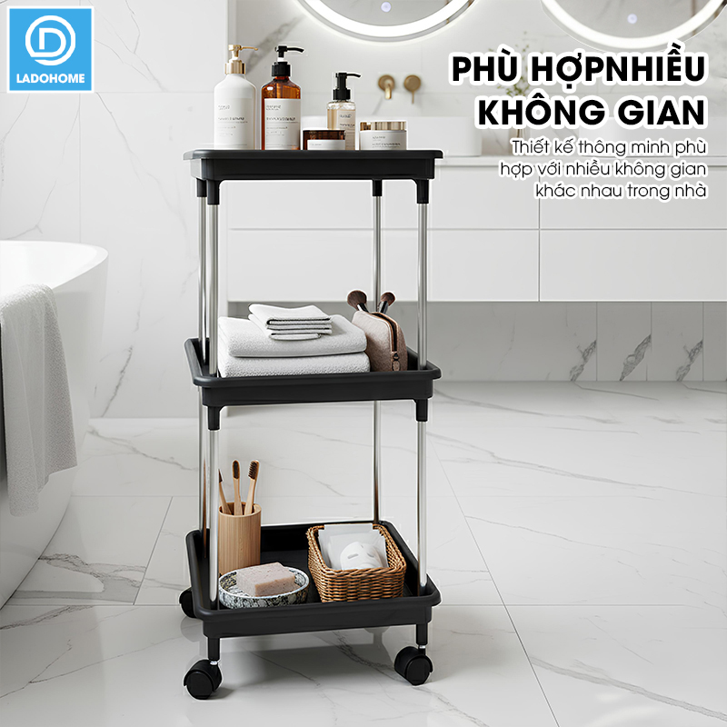 Kệ 3 tầng có bánh xe để đồ đa năng LD-3644, kệ đẩy gia đình, spa, tiệm nail gội đầu khung INOX không rỉ