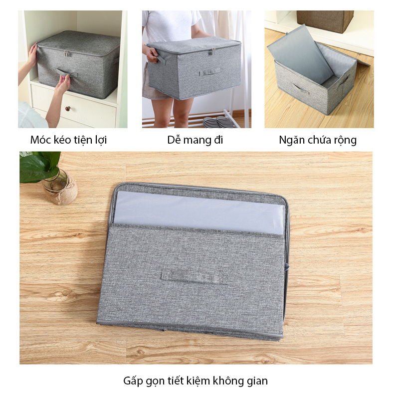 Hộp đựng quần áo, hộp lưu trữ chăn ga gối nệm vải lanh không dệt loại dày có nắp đậy và khóa kéo LH-3101