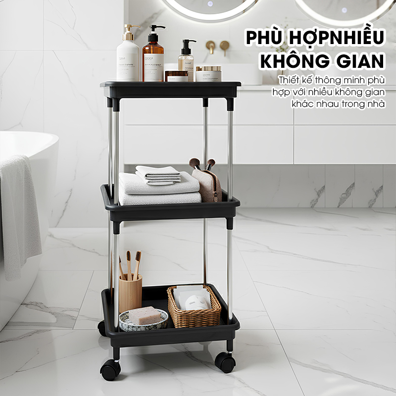 Kệ 3 tầng có bánh xe để đồ đa năng LD-3644, kệ đẩy gia đình, spa, tiệm nail gội đầu khung INOX không rỉ