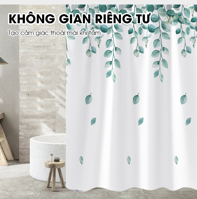 Rèm nhà tắm Poliester hoạt tiết Lá Rủ, chất liệu cao cấp không thấm nước, rèm lắp cho gia đình chung cư, khách sạn,...