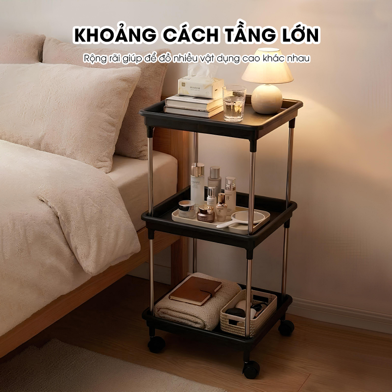 Kệ 3 tầng có bánh xe để đồ đa năng LD-3644, kệ đẩy gia đình, spa, tiệm nail gội đầu khung INOX không rỉ
