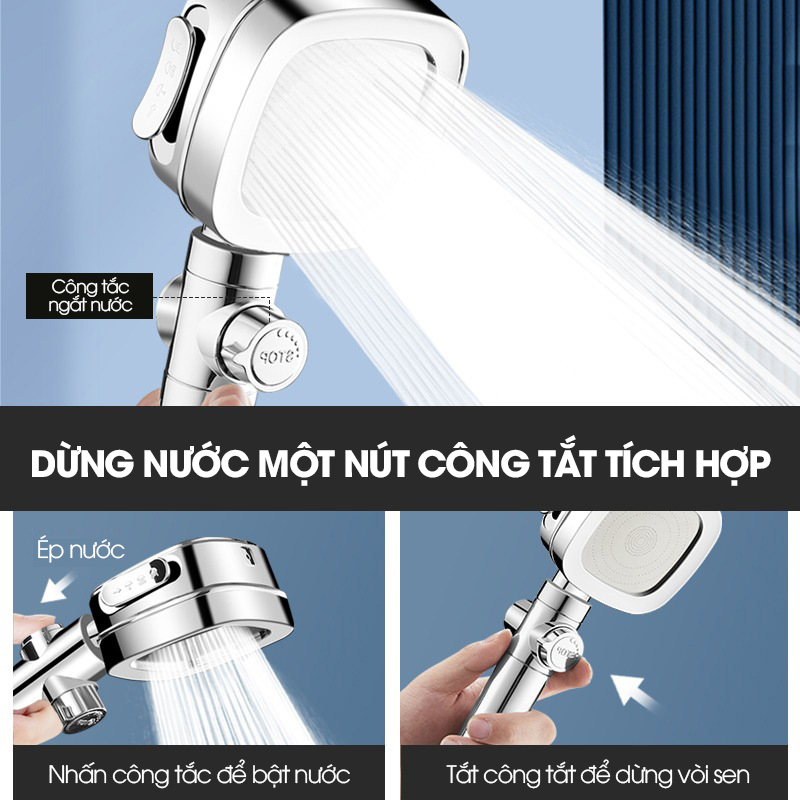 Bộ vòi sen tăng áp 4 chế độ SQ-9002 nhựa ABS + kèm lõi lọc, ống nối 1.5m và giá đỡ