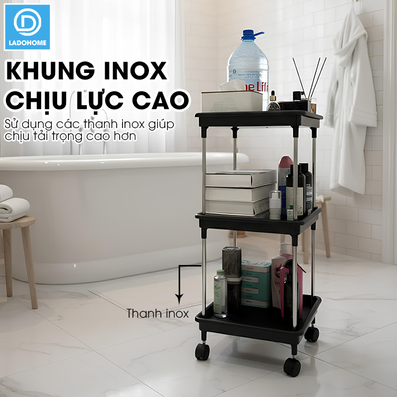 Kệ 3 tầng có bánh xe để đồ đa năng LD-3644, kệ đẩy gia đình, spa, tiệm nail gội đầu khung INOX không rỉ