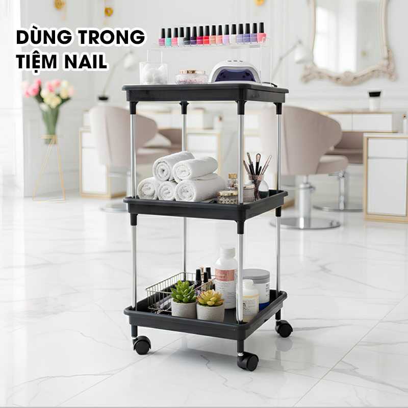 Kệ 3 tầng có bánh xe để đồ đa năng LD-3644, kệ đẩy gia đình, spa, tiệm nail gội đầu khung INOX không rỉ