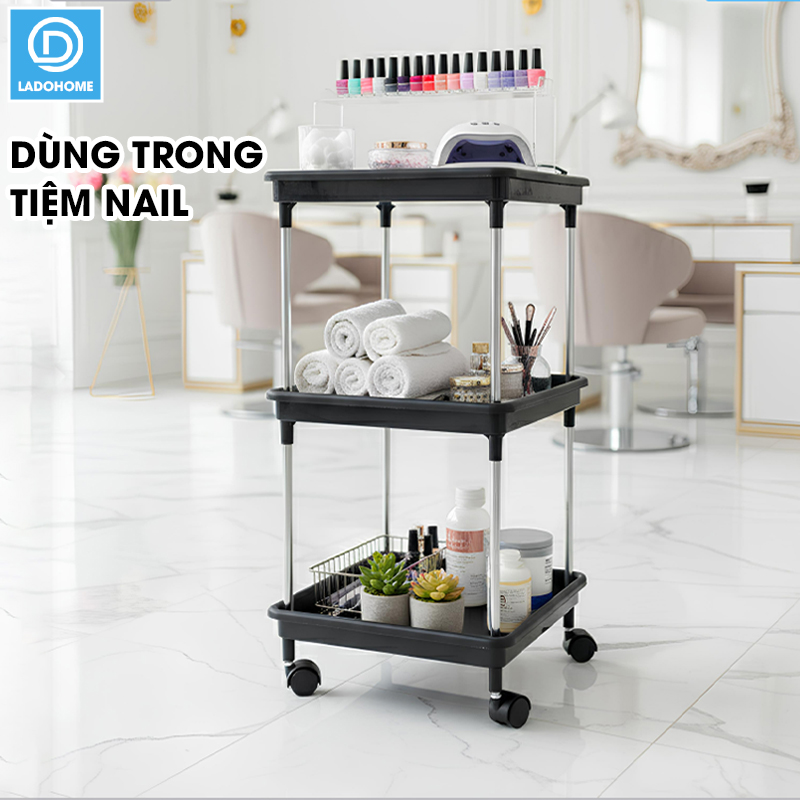 Kệ 3 tầng có bánh xe để đồ đa năng LD-3644, kệ đẩy gia đình, spa, tiệm nail gội đầu khung INOX không rỉ