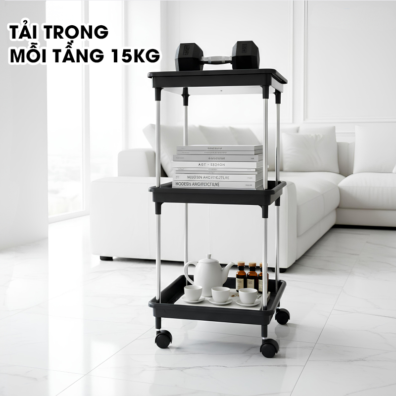 Kệ 3 tầng có bánh xe để đồ đa năng LD-3644, kệ đẩy gia đình, spa, tiệm nail gội đầu khung INOX không rỉ