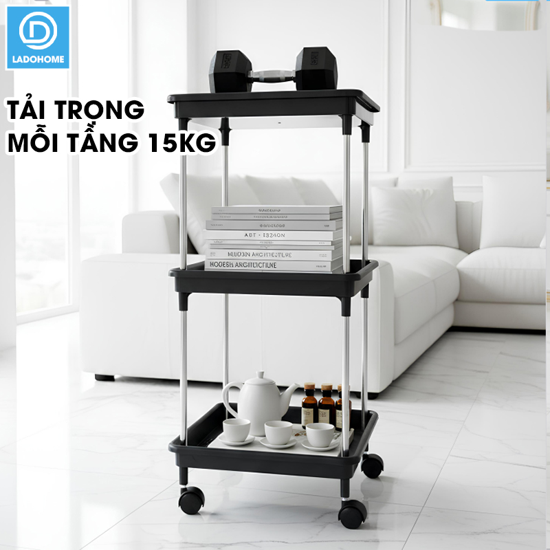 Kệ 3 tầng có bánh xe để đồ đa năng LD-3644, kệ đẩy gia đình, spa, tiệm nail gội đầu khung INOX không rỉ