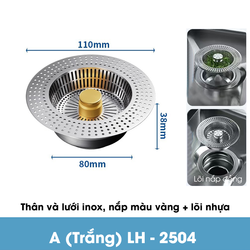Bộ lọc thoát nước cho bồn rửa chén, nắp thoát chậu rửa nhà bếp LH-2504, chất liệu inox và đồng không rỉ cao cấp