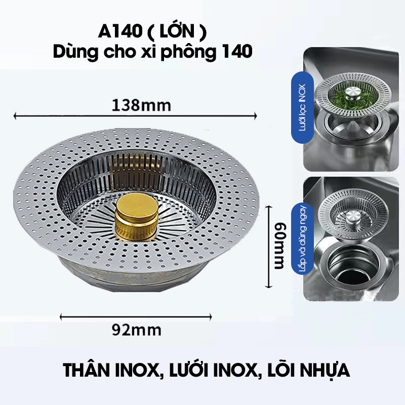 Bộ lọc thoát nước cho bồn rửa chén, nắp thoát chậu rửa nhà bếp LH-2504, chất liệu inox và đồng không rỉ cao cấp