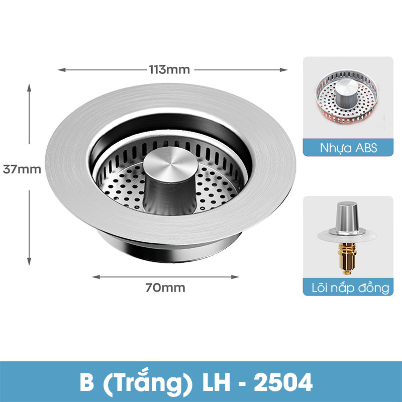 Bộ lọc thoát nước cho bồn rửa chén, nắp thoát chậu rửa nhà bếp LH-2504, chất liệu inox và đồng không rỉ cao cấp