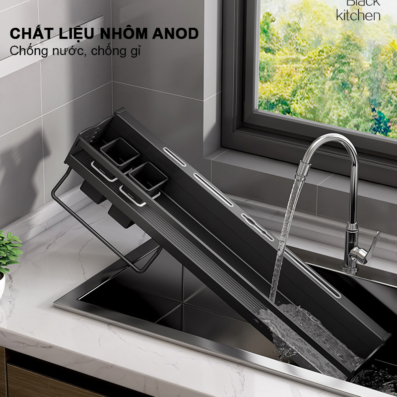 Kệ gia vị treo tường đa năng nhôm anod SQ-6186 kèm ống đũa máng dao móc treo