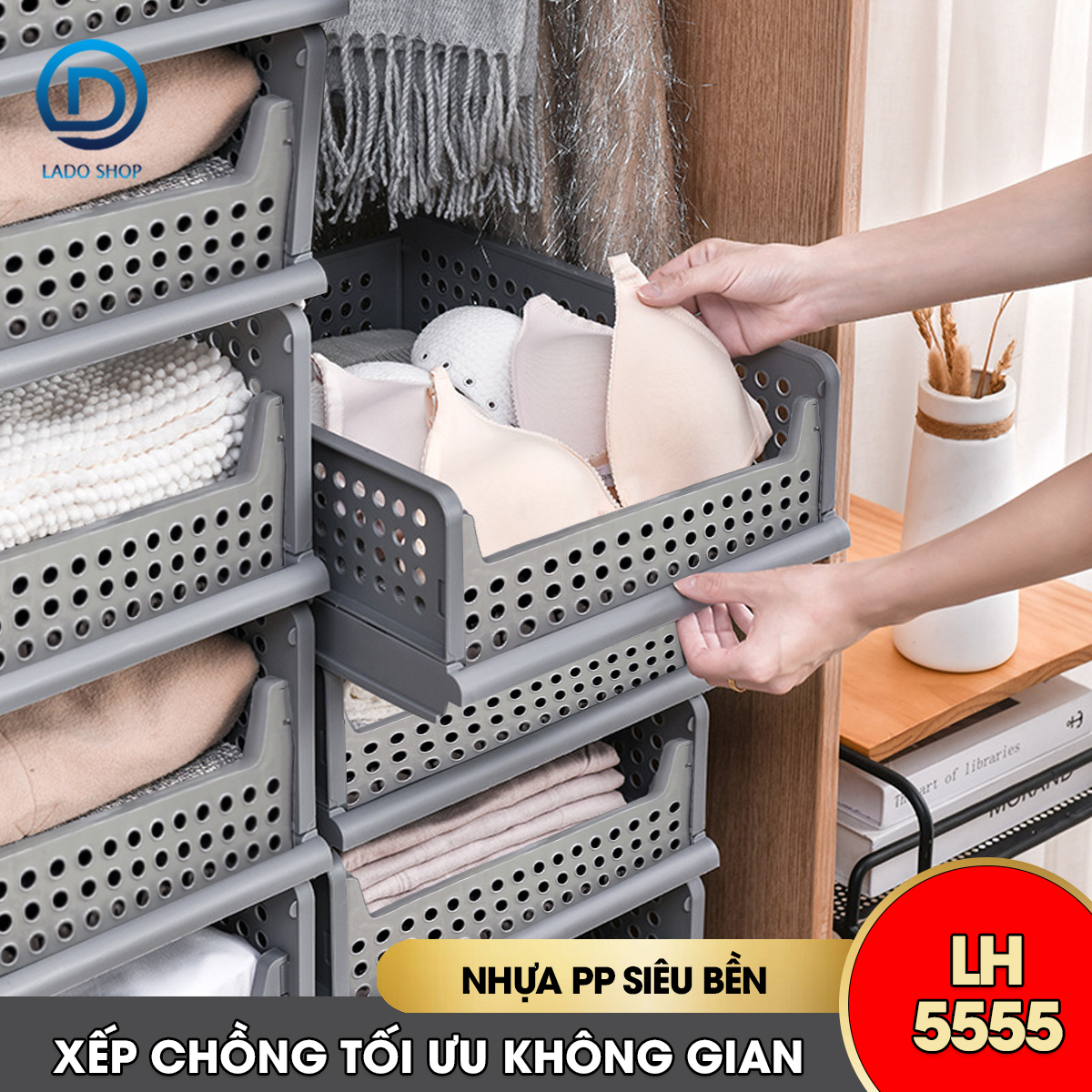 Hộp lưu trữ gấp gọn có thể xếp chồng LH-5555, hộp tủ đựng quần áo, văn phòng phẩm, vật dụng cá nhân xếp tầng ngăn nắp