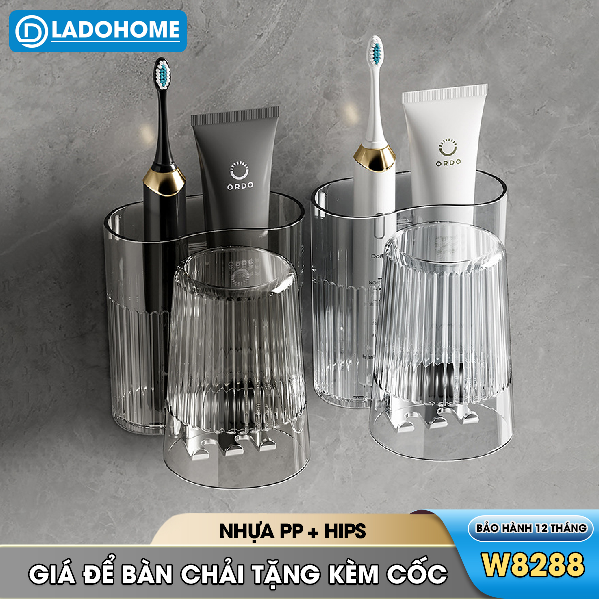 Giá để bàn chải và kem đánh răng kèm cốc súc miệng W8288 dán tường, nhựa PP nguyên sinh an toàn