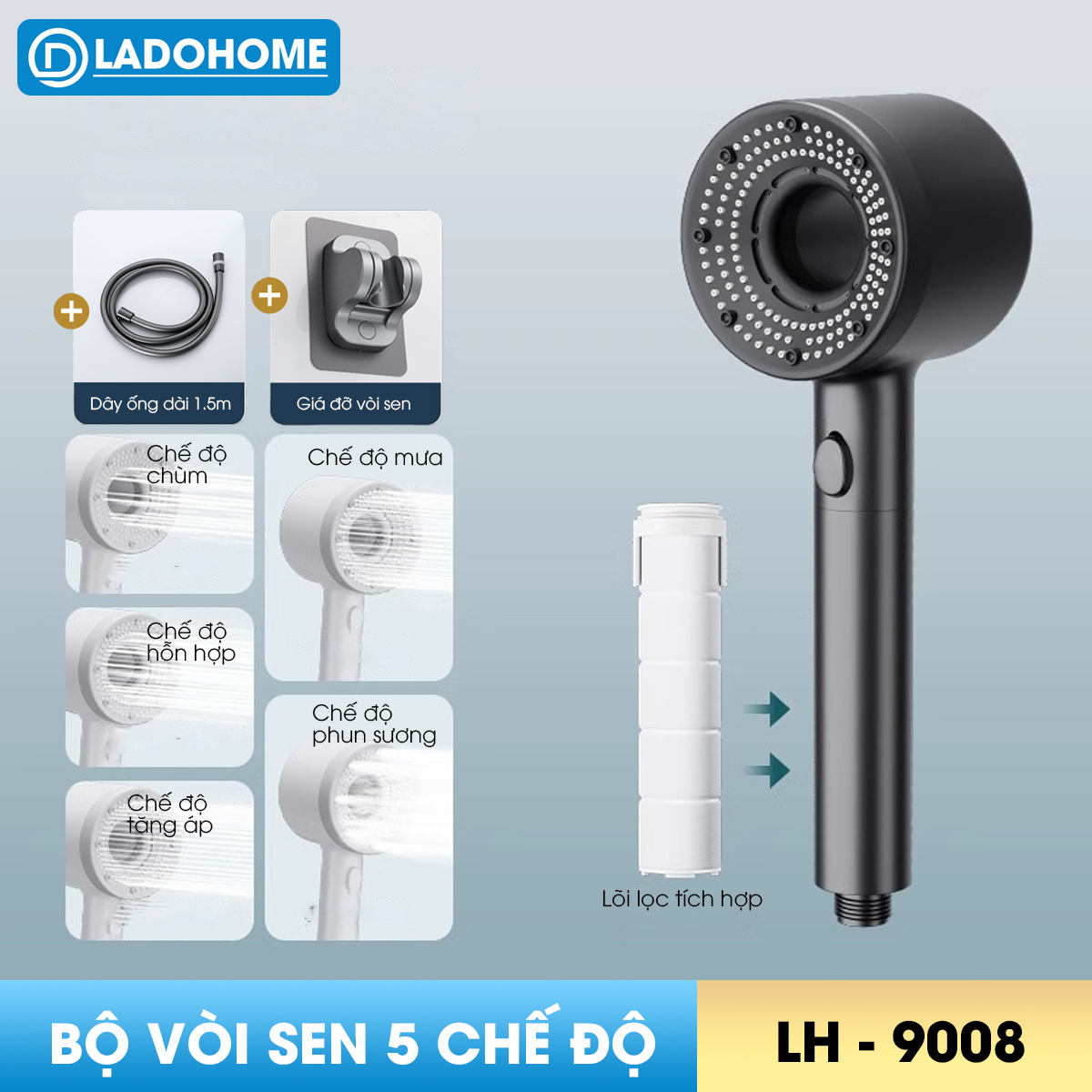 Bộ vòi sen điều áp 5 chế độ LH-9008 nhựa ABS cao cấp, lắp được cho nước nóng lạnh, có lõi lọc + dây ống 1.5m và giá đỡ