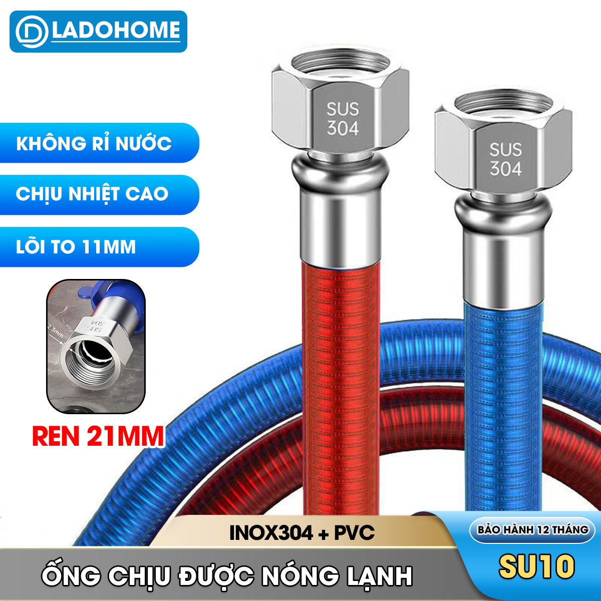 Ống cấp nước nóng lạnh SU10, ống nối cho bồn lavabo, bồn vệ sinh, máy giặt, máy nóng lạnh, inox 304 uốn cong tùy ý