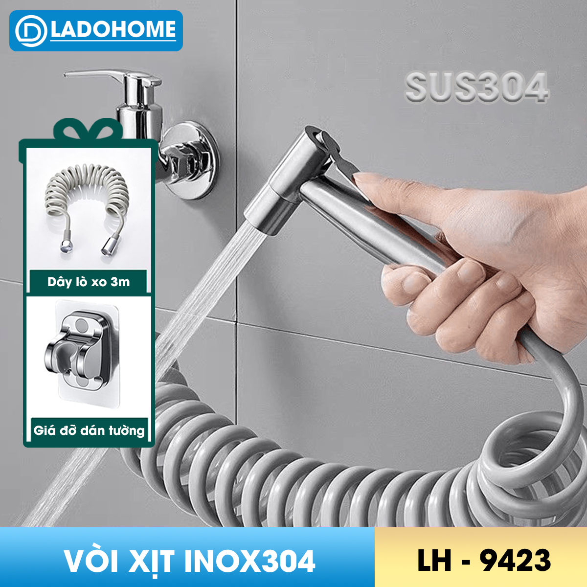 Vòi xịt toilet, vòi xịt vệ sinh phòng tắm cao cấp INOX304 LH-9423 + tặng kèm giá đỡ, ống dây lò xo 3 mét chất lượng cao