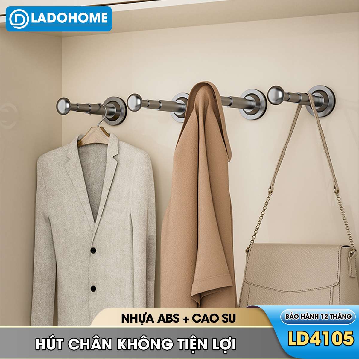 Giá treo móc quần áo hút chân không LD-4105, có thể kéo dài hoặc thu gọn dùng đê trên móc quần áo rất tiện và dễ lắp đặt