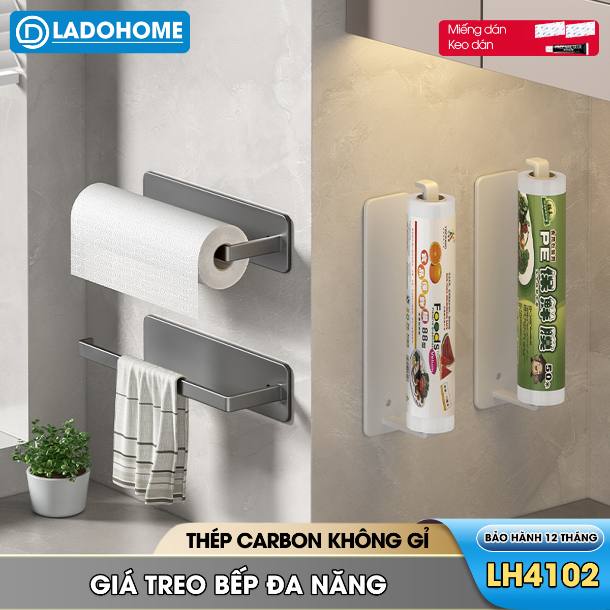 Giá treo túi đựng thực phẩm, thanh treo màn bọc thực phẩm, móc treo khăn lau nhà bếp LH-4102 Nhôm Anod không rỉ