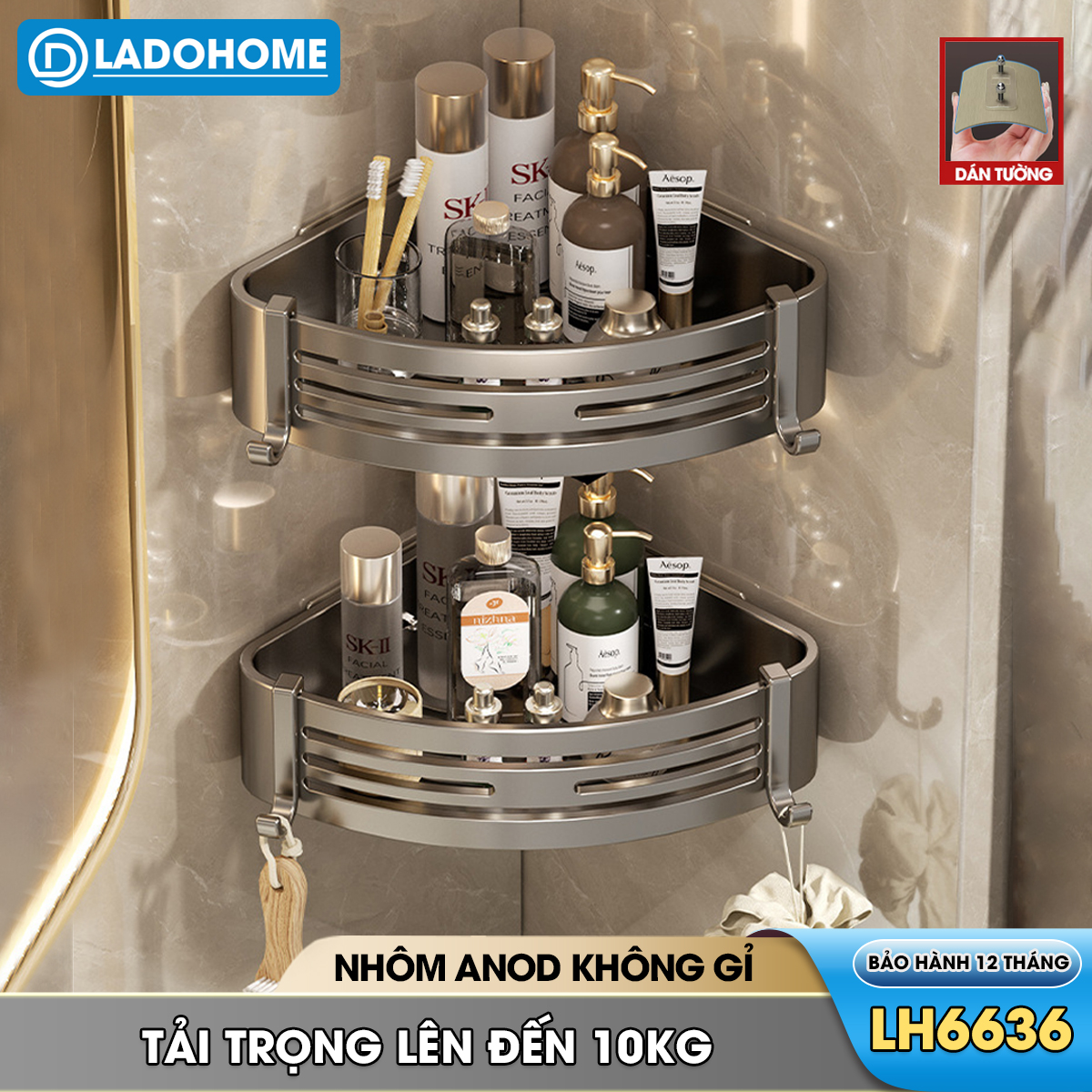 Kệ treo góc tường nhà tắm nhà bếp loại to miếng dán đôi LH-6636 Nhôm Anod không rỉ
