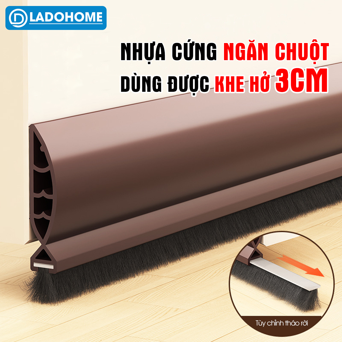 Thanh nệp cứng chặn chân cửa nhựa PVC dùng cho khe hở lớn tới 3cm, giúp ngăn gió bụi, con trùng, cách âm cách nhiệt