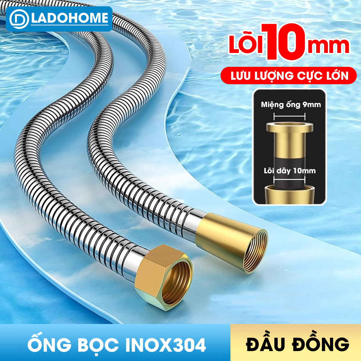 Ống nước vòi sen vòi vệ sinh lõi lớn JH10, tăng lưu lượng nước gấp nhiều lần, dây bọc inox 304 và 2 đầu đai ốc bằng đồng