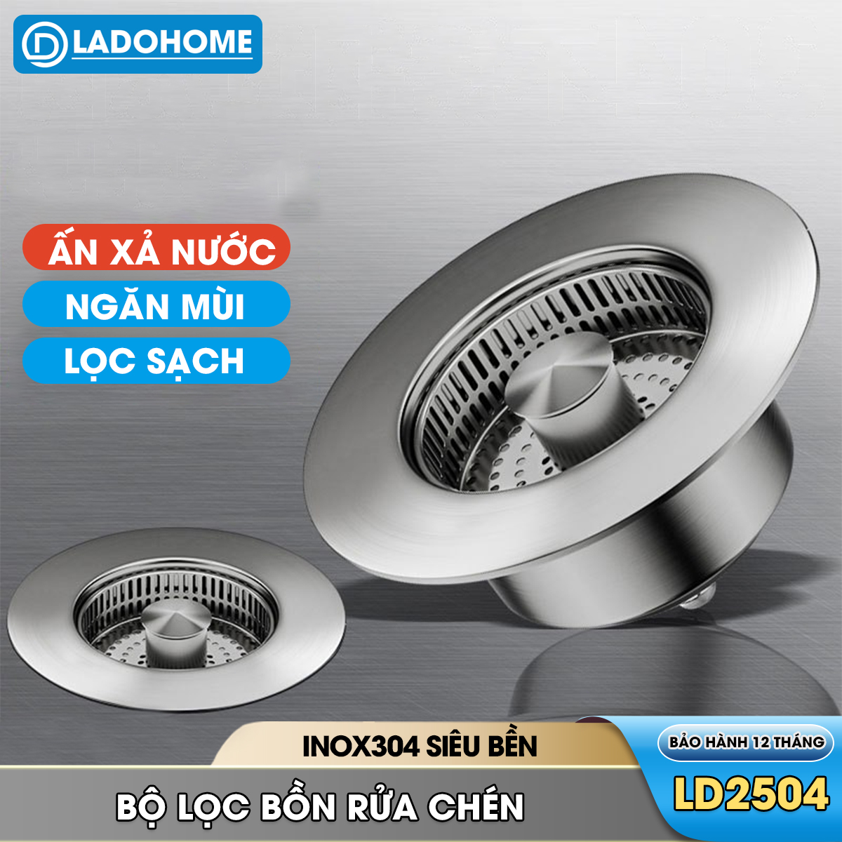 Bộ lọc thoát nước cho bồn rửa chén, nắp thoát chậu rửa nhà bếp LH-2504, chất liệu inox và đồng không rỉ cao cấp