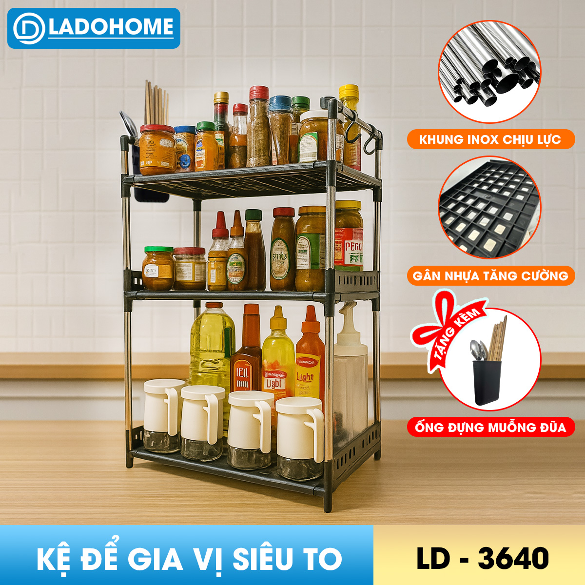 Kệ để gia vị nhà bếp khung inox chịu lực LD-3640