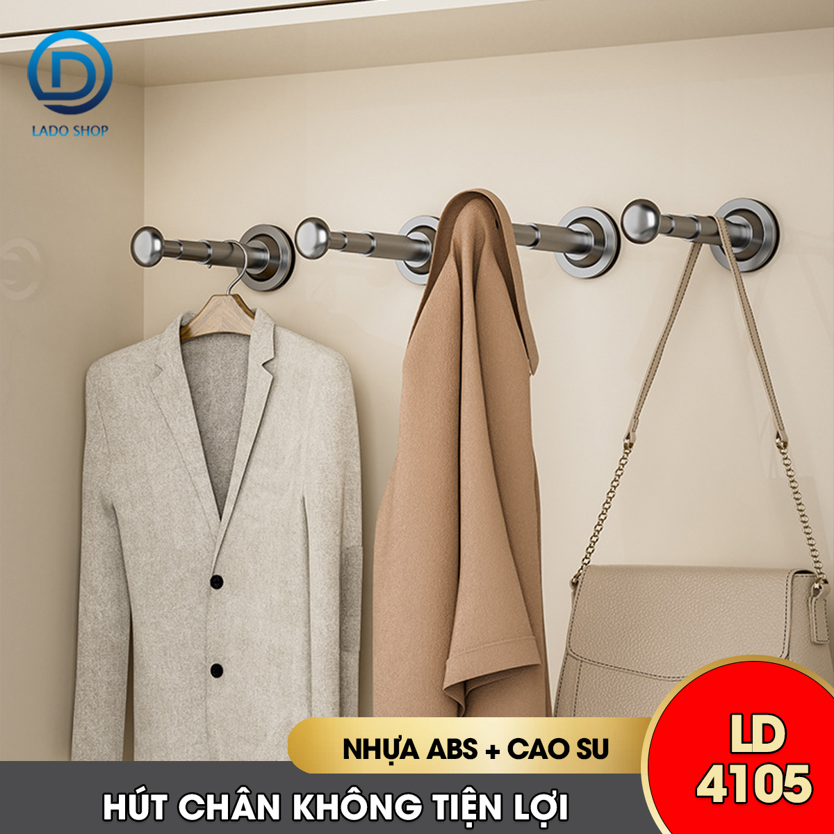 Giá treo móc quần áo hút chân không LD-4105, có thể kéo dài hoặc thu gọn dùng đê trên móc quần áo rất tiện và dễ lắp đặt