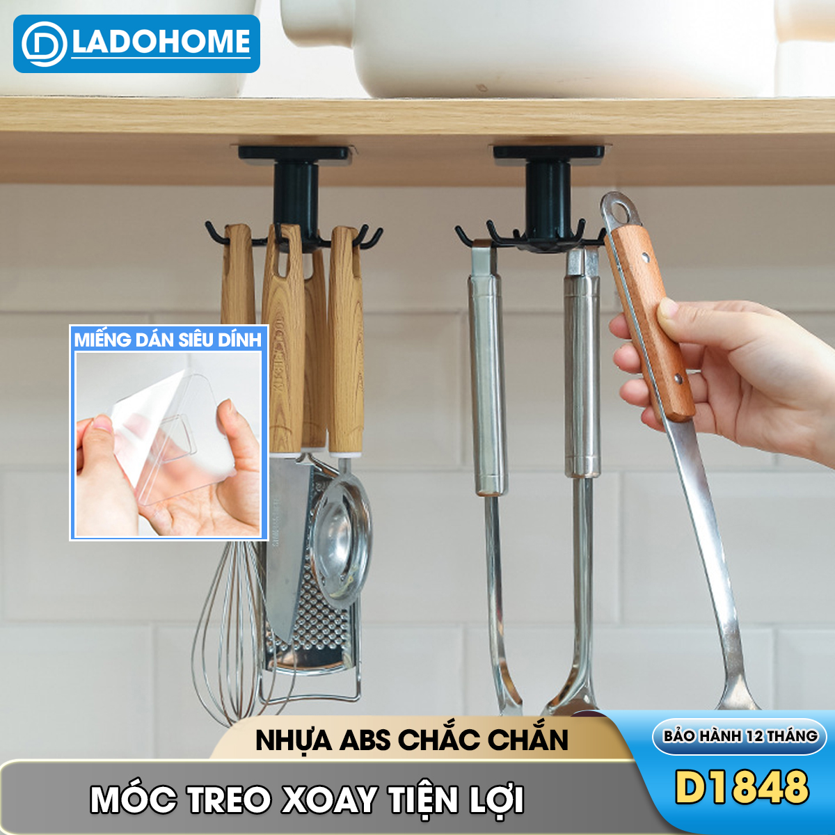 Móc xoay treo muỗng thìa nhà bếp, móc treo bếp, móc dán tường D1848
